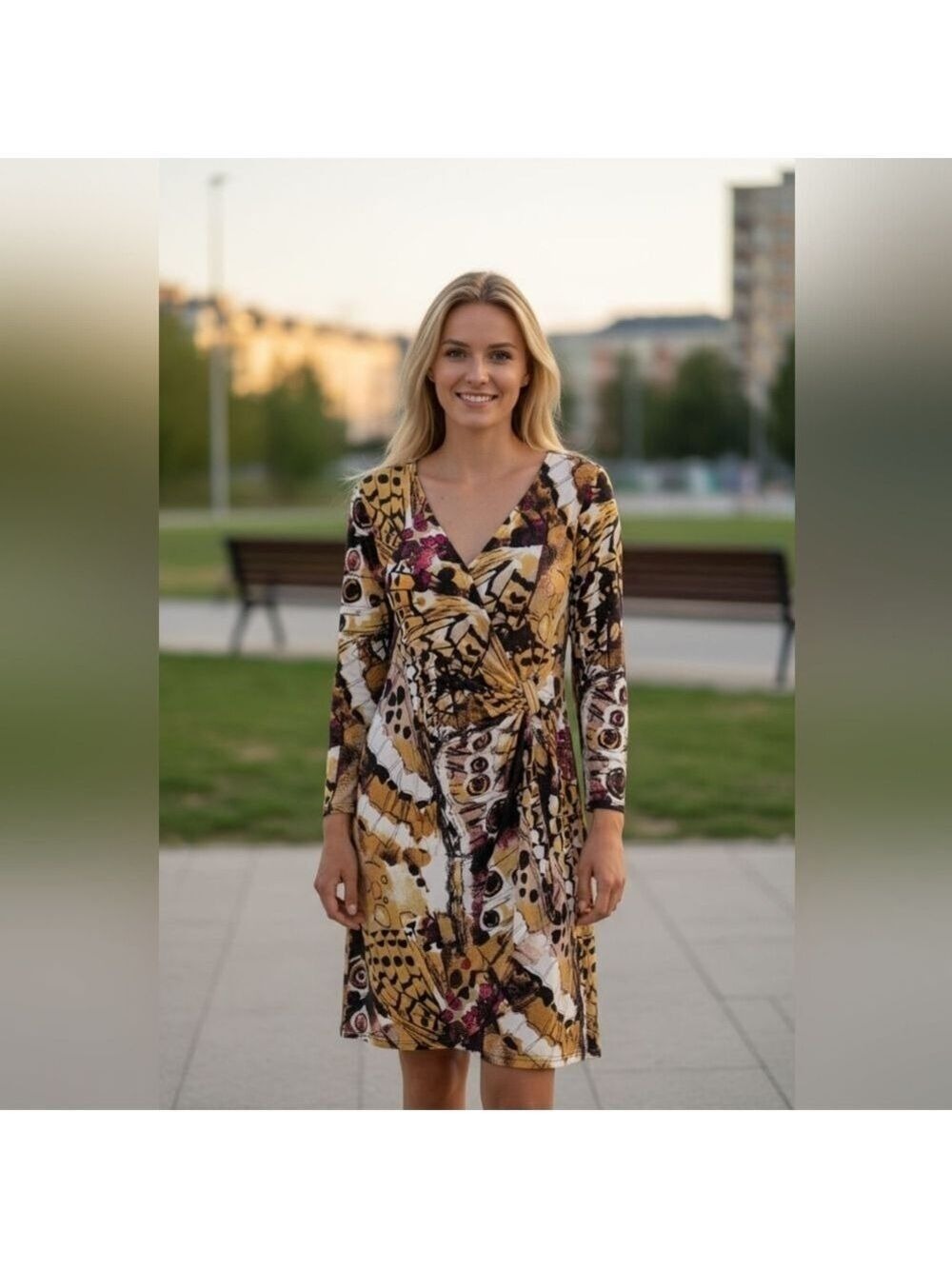 Calvin Klein Butterfly Print Long Sleeve Dress , Size Small, Faux Wrap Design.
